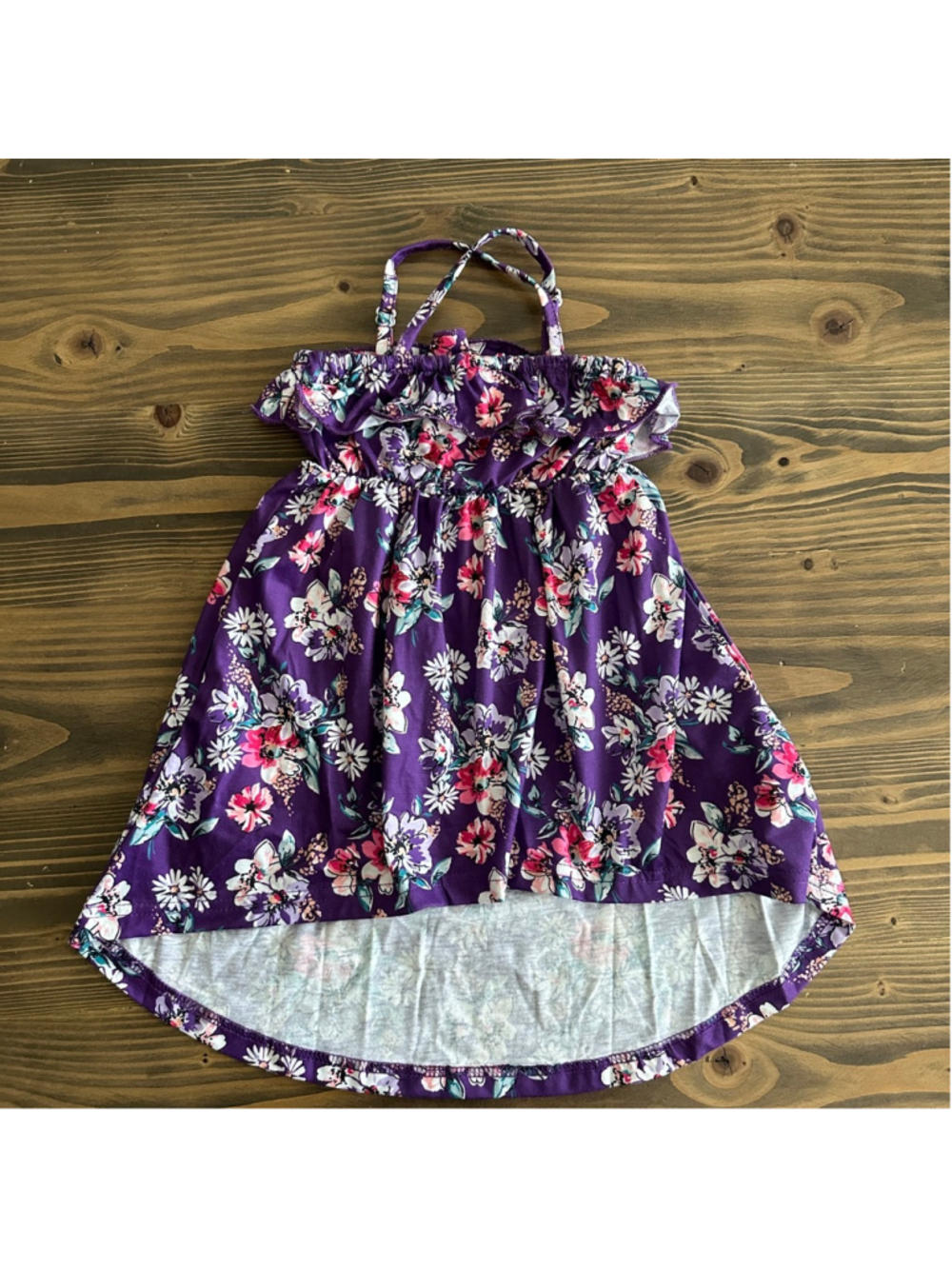 PatPat Girls 2T Purple Floral Spaghetti Strap High-Low Dress Ruffled Neckline CS